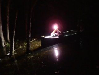 Photo of Macoun Club members in a canoe at night, searching for frogs in a breeding chorus