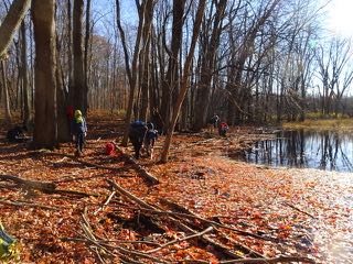 Photo of Macoun Club members on the wooded shore of a natural pond