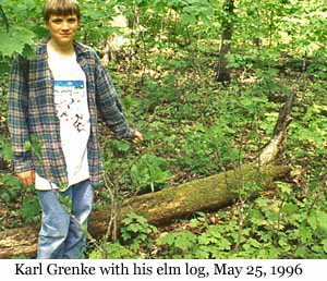 Photo of Karl Grenke with his Study Tree, a rotting elm log, in 1996