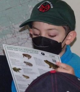 Photo of Macoun Club member using an amphbian-identification chart from the Toronto Zoo